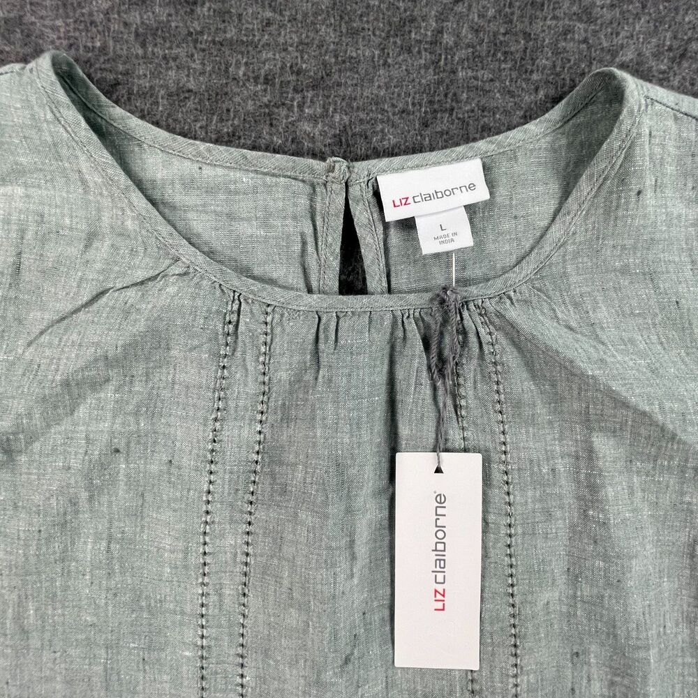 NWT Liz Claiborne Linen Cotton Pintuck Short Sleeve Blouse L Forest Green - Picture 6 of 11